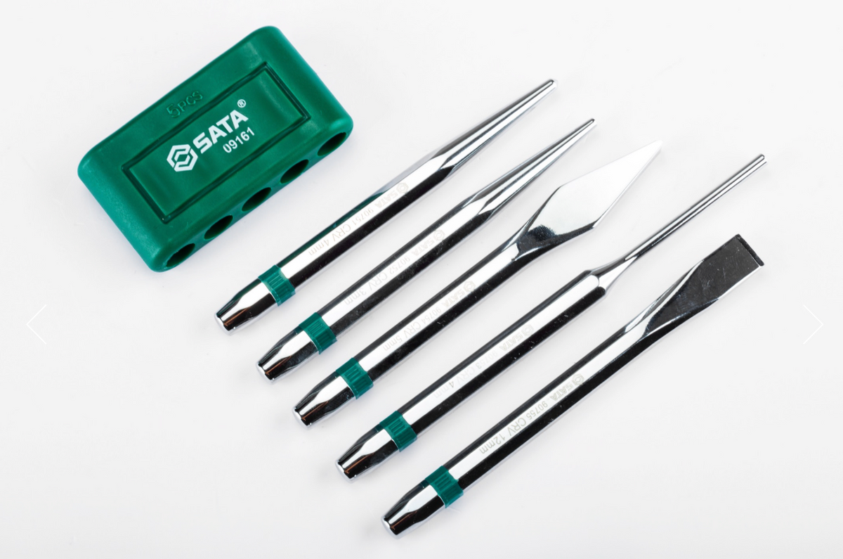 SATA 09161 5-piece punch set with center, taper & pin punches plus cape & cold chisels. 60Cr-V steel, chrome finish.