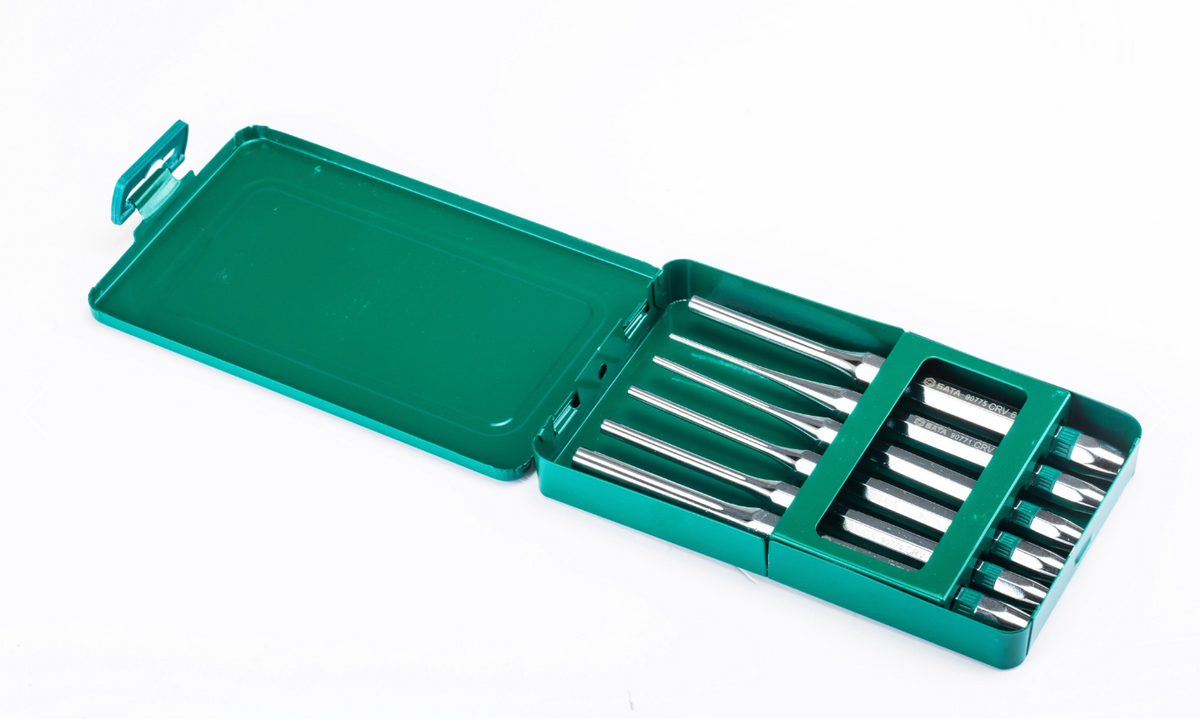 Shop the SATA 09162 6-Piece Pin Punch Set: Cr-V steel, chrome plating, sizes 2-8mm, 150mm length. Durable, rust-resistant, SATA lifetime warranty included.