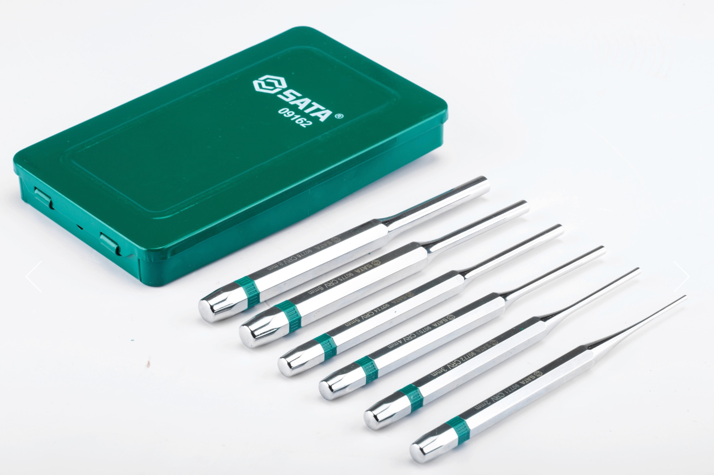 Shop the SATA 09162 6-Piece Pin Punch Set: Cr-V steel, chrome plating, sizes 2-8mm, 150mm length. Durable, rust-resistant, SATA lifetime warranty included.