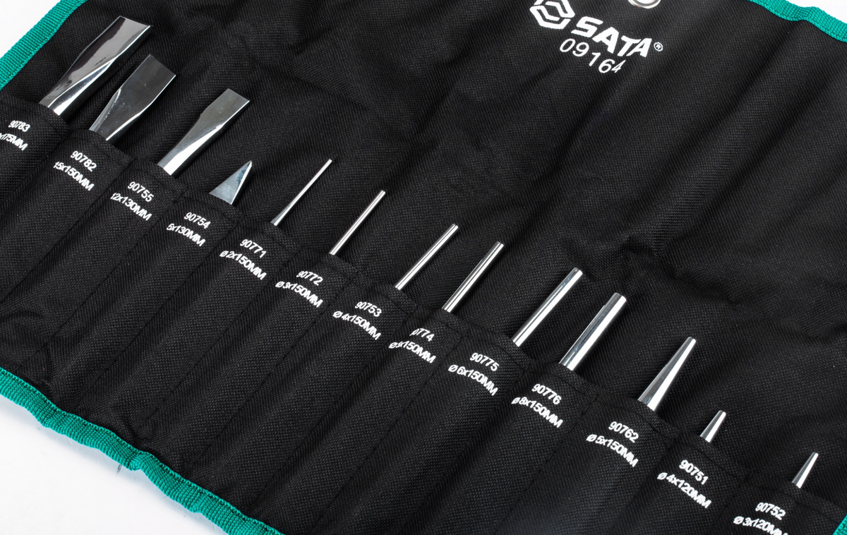 Shop the SATA 09164 13-Piece Punch & Chisel Set: 60Cr-V steel, chrome-plated, includes center punches, pin punches, taper punch & chisels. Lifetime warranty.