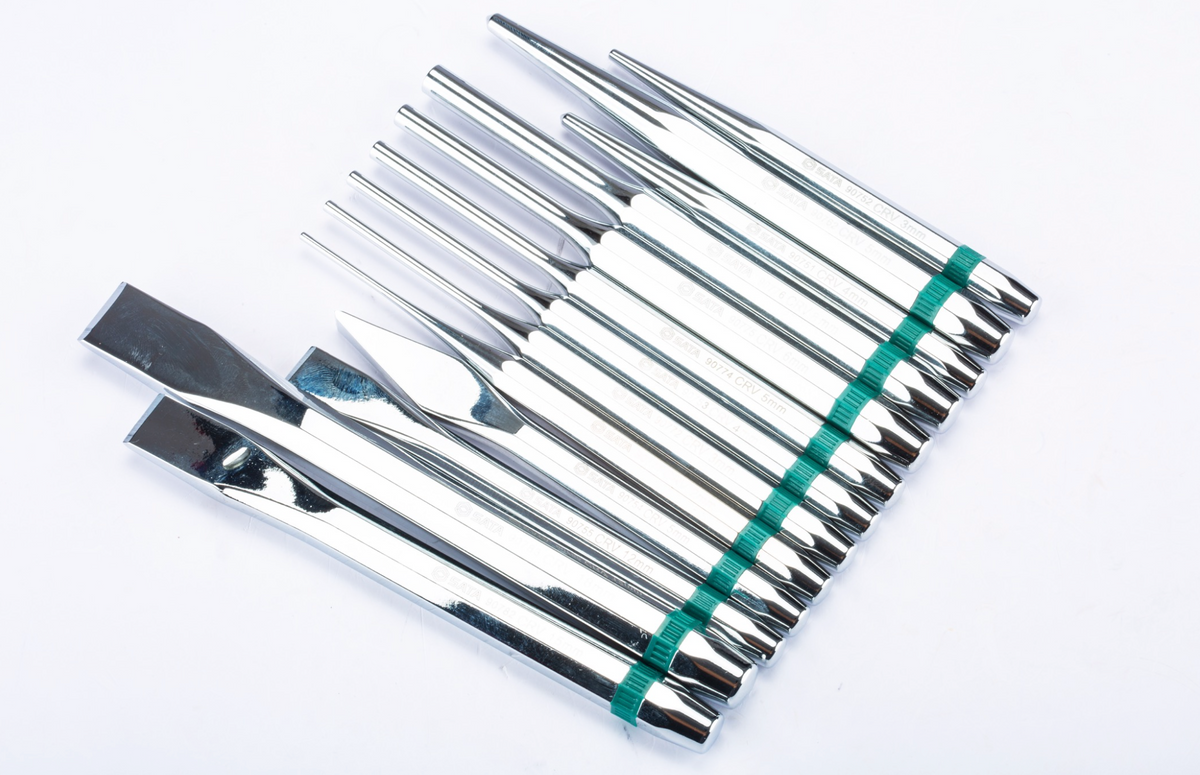 Shop the SATA 09164 13-Piece Punch & Chisel Set: 60Cr-V steel, chrome-plated, includes center punches, pin punches, taper punch & chisels. Lifetime warranty.