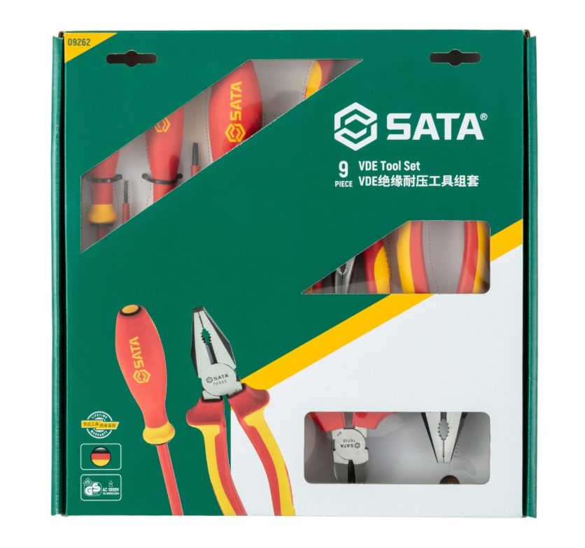 Shop the SATA 09262 9-Piece VDE Insulated Tool Set: 1000V-rated screwdrivers & pliers, 60Cr-V steel, tested to 10000V. VDE, IEC/EN 60900 certified.