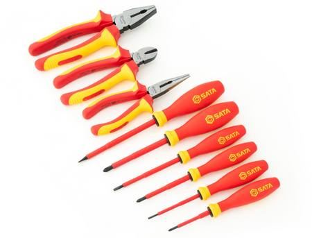 Shop the SATA 09262 9-Piece VDE Insulated Tool Set: 1000V-rated screwdrivers & pliers, 60Cr-V steel, tested to 10000V. VDE, IEC/EN 60900 certified.