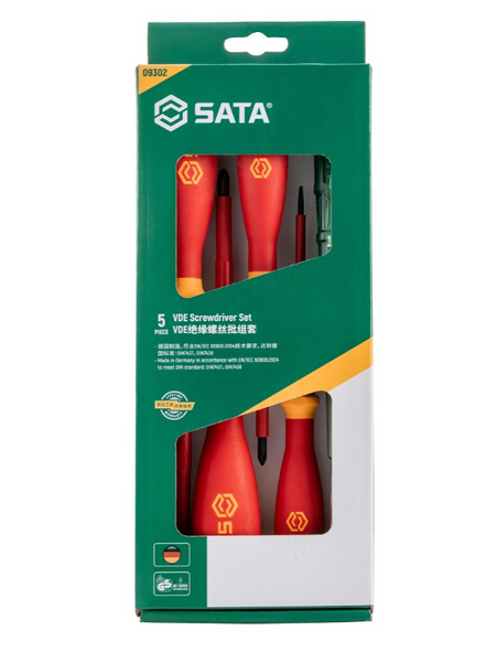 Shop the SATA 09302 5-Piece VDE Insulated Screwdriver Set: 1000V rated, slotted & Phillips tips plus circuit tester. Meets DIN7437/7439, IEC/EN 60900.