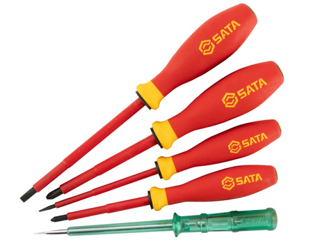 Shop the SATA 09302 5-Piece VDE Insulated Screwdriver Set: 1000V rated, slotted & Phillips tips plus circuit tester. Meets DIN7437/7439, IEC/EN 60900.