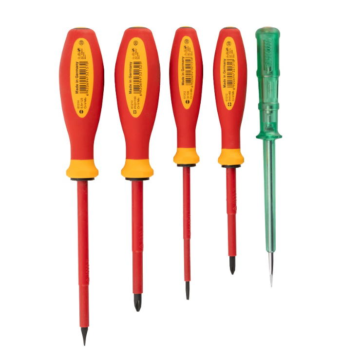 Shop the SATA 09302 5-Piece VDE Insulated Screwdriver Set: 1000V rated, slotted & Phillips tips plus circuit tester. Meets DIN7437/7439, IEC/EN 60900.