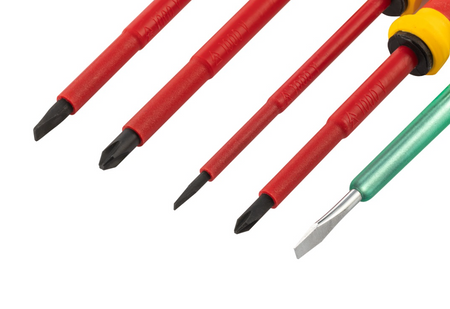 Shop the SATA 09302 5-Piece VDE Insulated Screwdriver Set: 1000V rated, slotted & Phillips tips plus circuit tester. Meets DIN7437/7439, IEC/EN 60900.