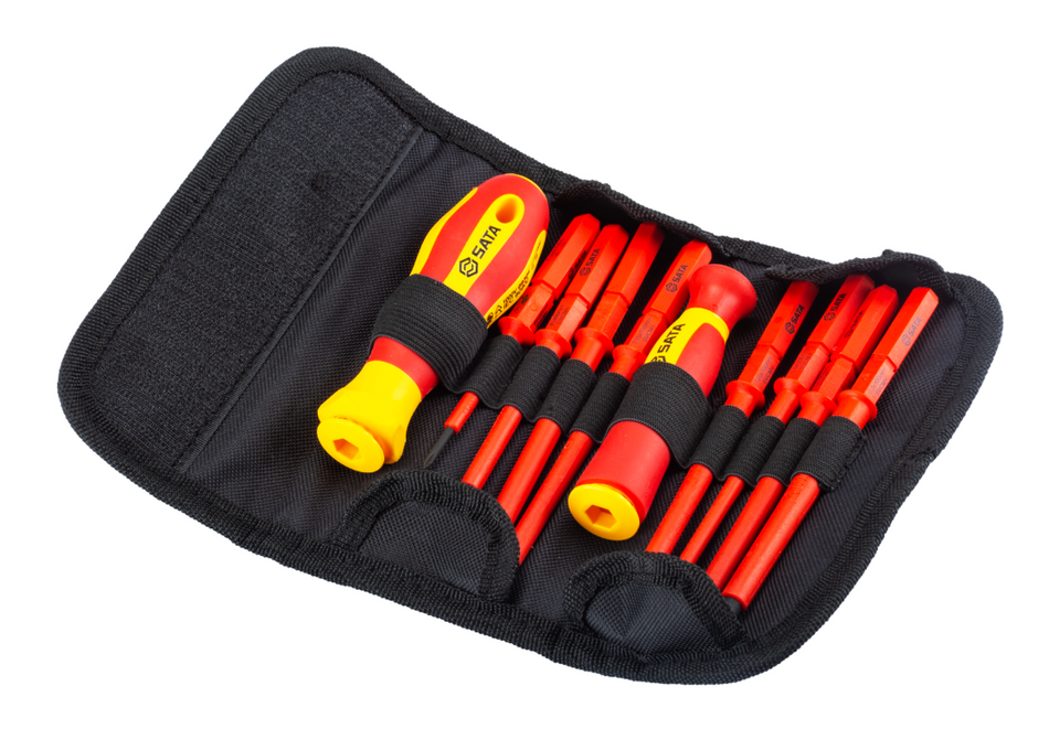 Shop the SATA 09304 10-Piece VDE Interchangeable Screwdriver Set: slotted, Phillips & Torx bits, 1000V rated, SVCM+ steel, tested to 10000V insulation.