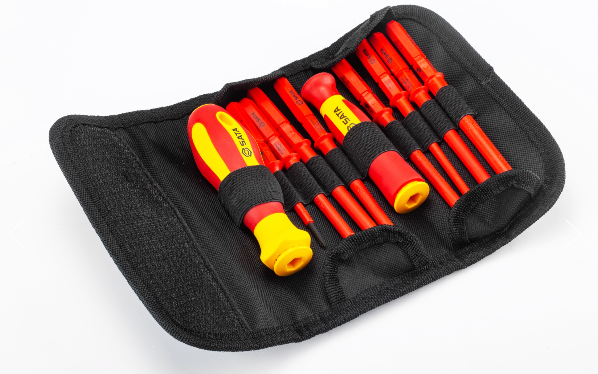Shop the SATA 09304 10-Piece VDE Interchangeable Screwdriver Set: slotted, Phillips & Torx bits, 1000V rated, SVCM+ steel, tested to 10000V insulation.