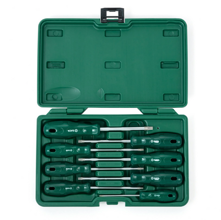 Shop the SATA 09305 8-Piece A Series Torx® Screwdriver Set: sizes T8-T40, 75-100mm lengths, durable storage case. Precision tips for secure fastening.