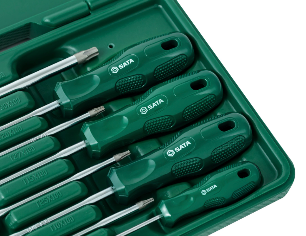 Shop the SATA 09305 8-Piece A Series Torx® Screwdriver Set: sizes T8-T40, 75-100mm lengths, durable storage case. Precision tips for secure fastening.