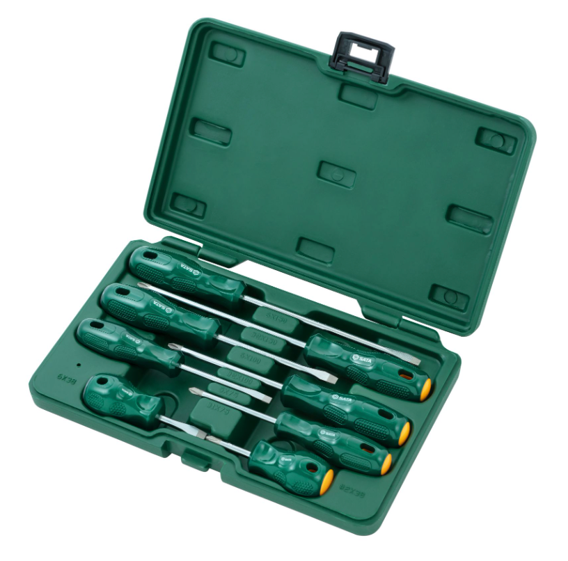 Shop the SATA 09306 8-Piece A Series Combination Screwdriver Set: slotted & Phillips tips, sizes #1-#2 & 5-6mm, 38-150mm lengths. Durable storage case.