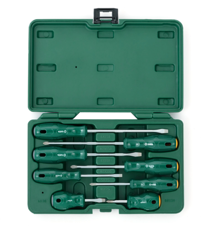 Shop the SATA 09306 8-Piece A Series Combination Screwdriver Set: slotted & Phillips tips, sizes #1-#2 & 5-6mm, 38-150mm lengths. Durable storage case.