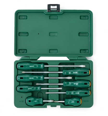 Shop the SATA 09306 8-Piece A Series Combination Screwdriver Set: slotted & Phillips tips, sizes #1-#2 & 5-6mm, 38-150mm lengths. Durable storage case.