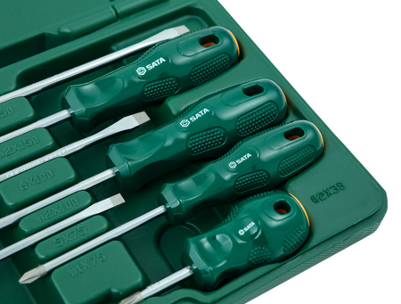 Shop the SATA 09306 8-Piece A Series Combination Screwdriver Set: slotted & Phillips tips, sizes #1-#2 & 5-6mm, 38-150mm lengths. Durable storage case.