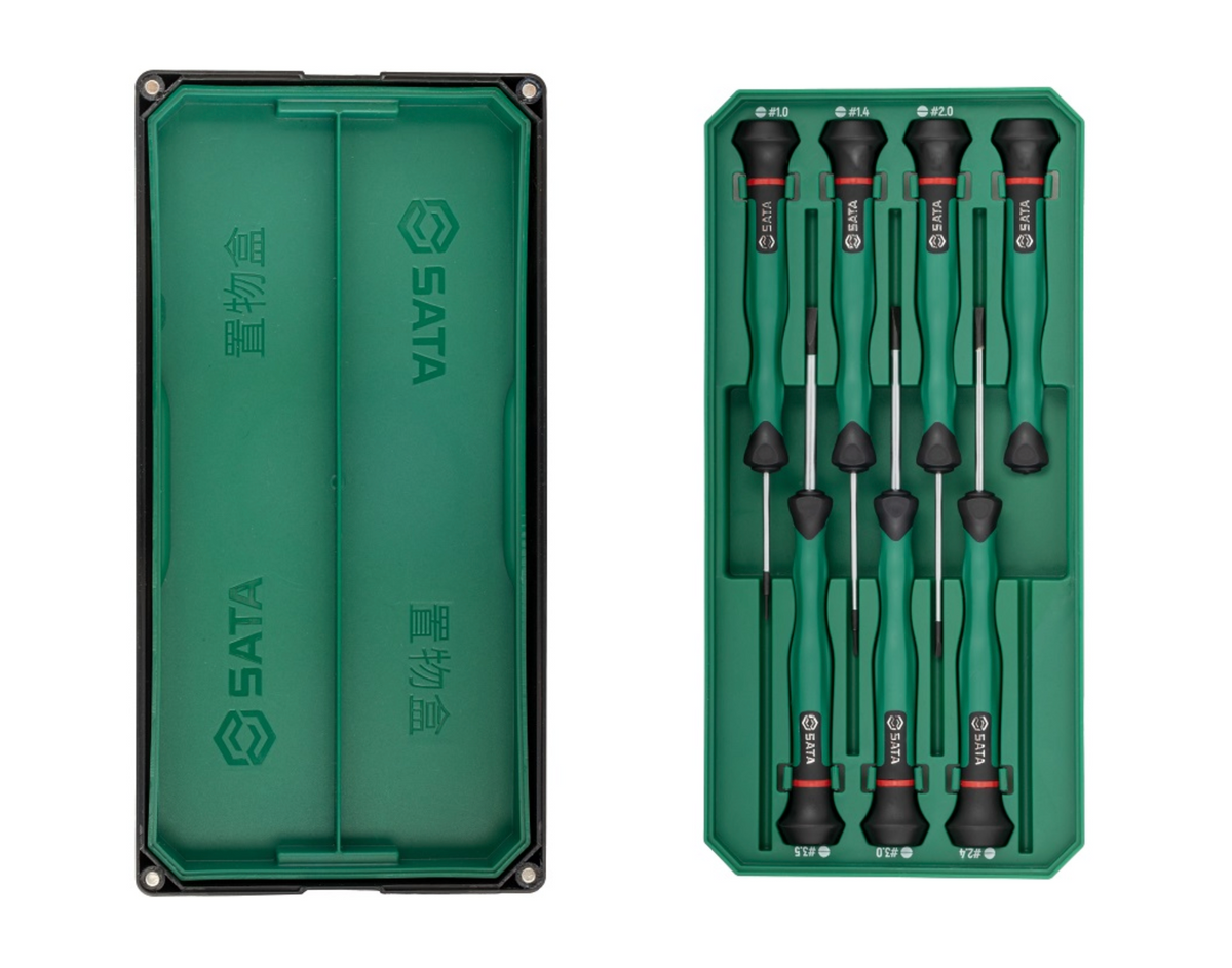 Shop the SATA 09311 6-Piece Precision Slotted Screwdriver Set: SVCM+ alloy steel, sizes 1.0-3.5mm, rotary cap design. Ideal for electronics. Lifetime warranty.