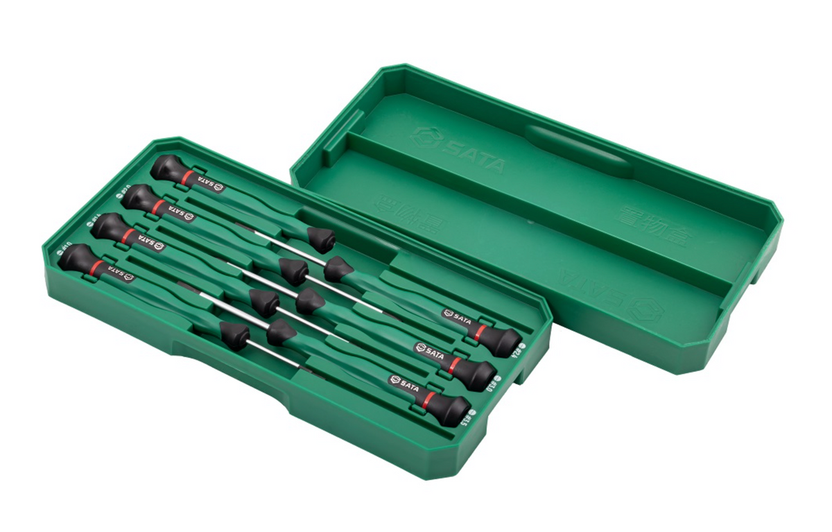 Shop the SATA 09311 6-Piece Precision Slotted Screwdriver Set: SVCM+ alloy steel, sizes 1.0-3.5mm, rotary cap design. Ideal for electronics. Lifetime warranty.