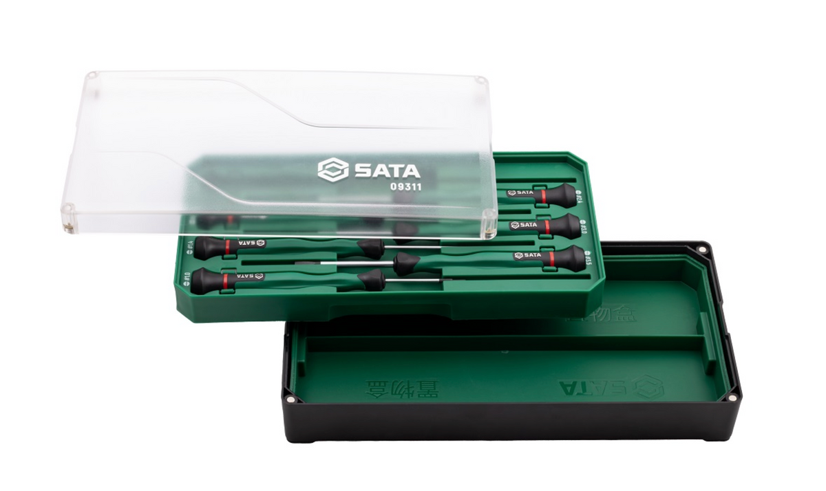 Shop the SATA 09311 6-Piece Precision Slotted Screwdriver Set: SVCM+ alloy steel, sizes 1.0-3.5mm, rotary cap design. Ideal for electronics. Lifetime warranty.