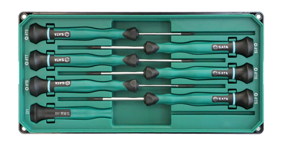 Shop the SATA 09313 6-Piece Precision Torx® Screwdriver Set: SVCM+ alloy steel, sizes T6-T15, rotary cap design. Ideal for electronics. Lifetime warranty.