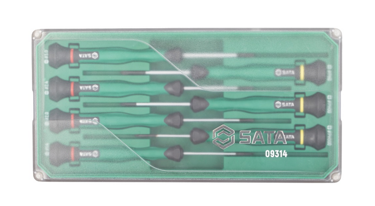 Shop the SATA 09314 7-Piece Precision Screwdriver Set: slotted & Phillips tips, SVCM+ alloy steel, rotary cap design. Ideal for electronics repair.