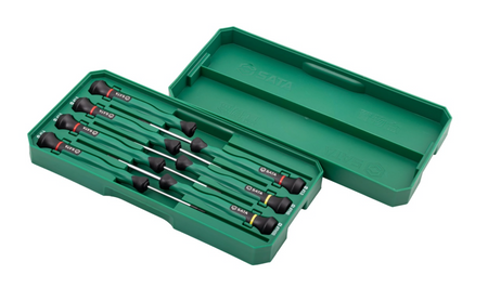 Shop the SATA 09314 7-Piece Precision Screwdriver Set: slotted & Phillips tips, SVCM+ alloy steel, rotary cap design. Ideal for electronics repair.