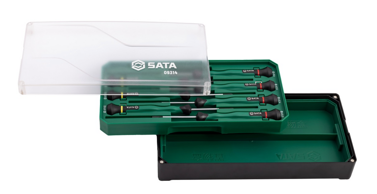 Shop the SATA 09314 7-Piece Precision Screwdriver Set: slotted & Phillips tips, SVCM+ alloy steel, rotary cap design. Ideal for electronics repair.