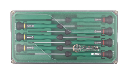 Shop the SATA 09316 9-Piece Precision Screwdriver Set: slotted & Phillips tips, SVCM+ alloy steel, rotary cap design. Ideal for electronics repair.