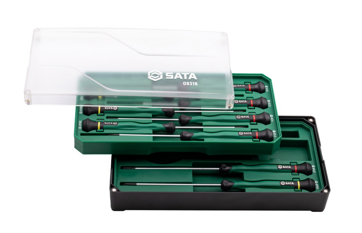 Shop the SATA 09316 9-Piece Precision Screwdriver Set: slotted & Phillips tips, SVCM+ alloy steel, rotary cap design. Ideal for electronics repair.