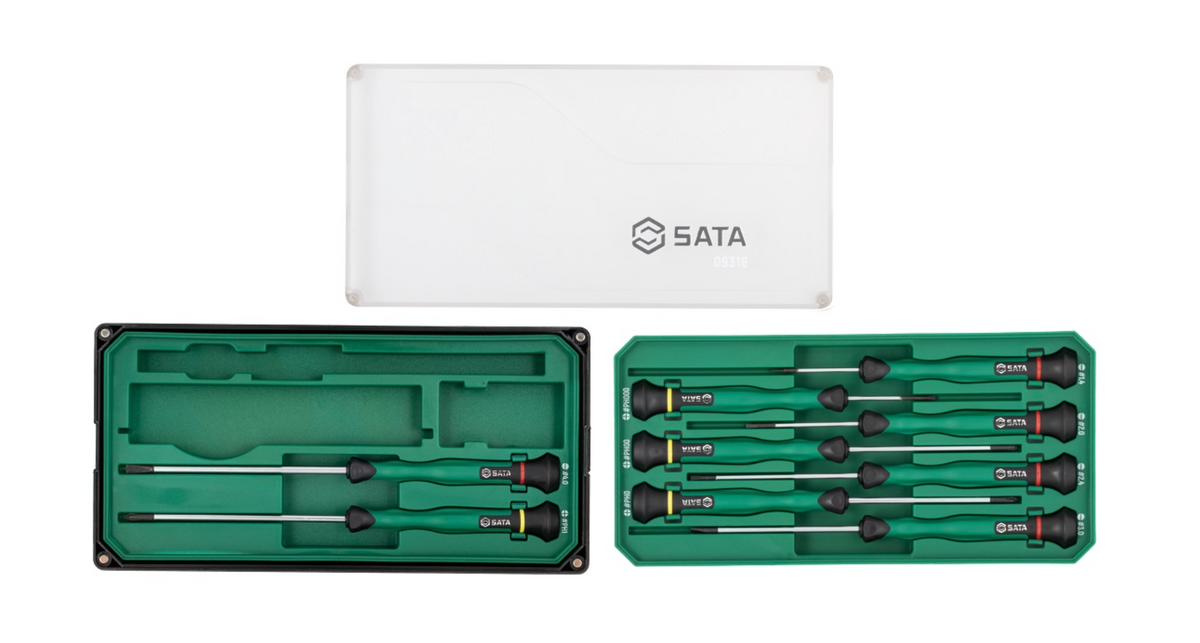 Shop the SATA 09316 9-Piece Precision Screwdriver Set: slotted & Phillips tips, SVCM+ alloy steel, rotary cap design. Ideal for electronics repair.