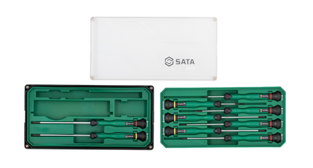 Shop the SATA 09316 9-Piece Precision Screwdriver Set: slotted & Phillips tips, SVCM+ alloy steel, rotary cap design. Ideal for electronics repair.