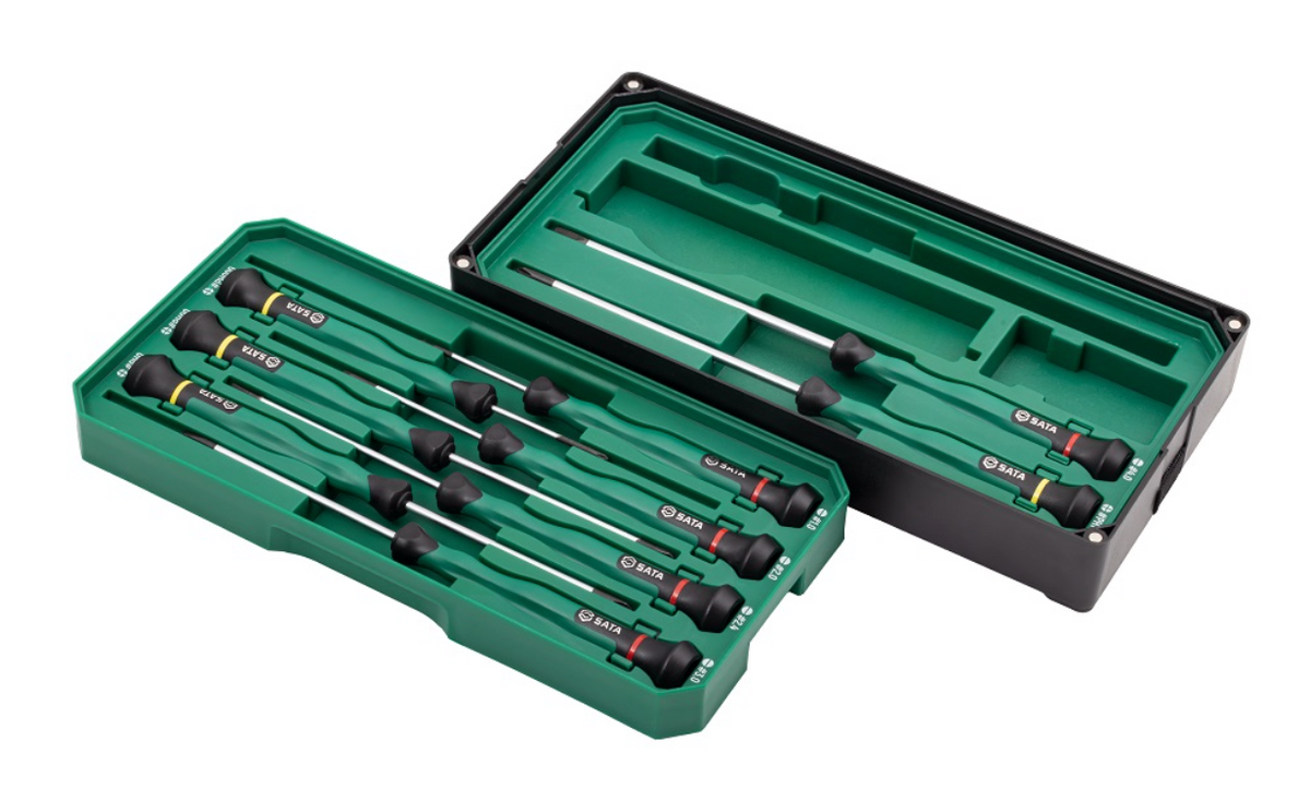 Shop the SATA 09316 9-Piece Precision Screwdriver Set: slotted & Phillips tips, SVCM+ alloy steel, rotary cap design. Ideal for electronics repair.