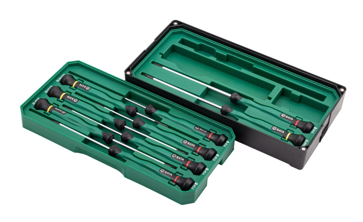 Shop the SATA 09316 9-Piece Precision Screwdriver Set: slotted & Phillips tips, SVCM+ alloy steel, rotary cap design. Ideal for electronics repair.