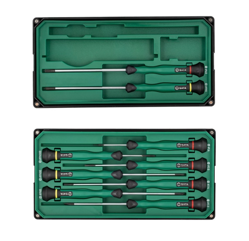 Shop the SATA 09316 9-Piece Precision Screwdriver Set: slotted & Phillips tips, SVCM+ alloy steel, rotary cap design. Ideal for electronics repair.