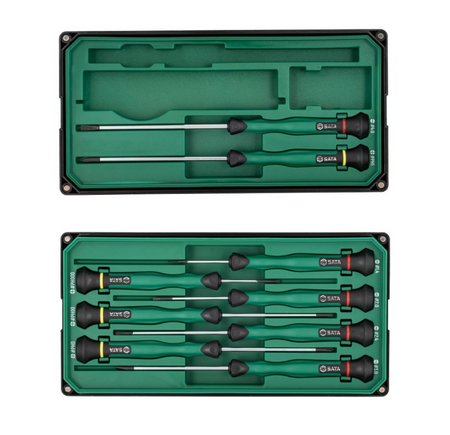 Shop the SATA 09316 9-Piece Precision Screwdriver Set: slotted & Phillips tips, SVCM+ alloy steel, rotary cap design. Ideal for electronics repair.