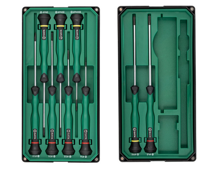 Shop the SATA 09316 9-Piece Precision Screwdriver Set: slotted & Phillips tips, SVCM+ alloy steel, rotary cap design. Ideal for electronics repair.