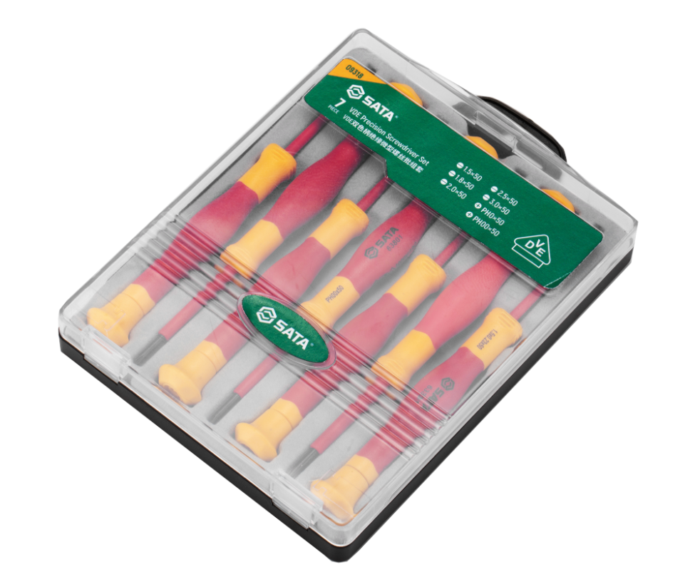 Shop the SATA 09318 7-Piece VDE Precision Screwdriver Set: 1000V rated, S2 steel shanks, slotted & Phillips tips. Tested to 10000V, IEC/EN 60900 certified.