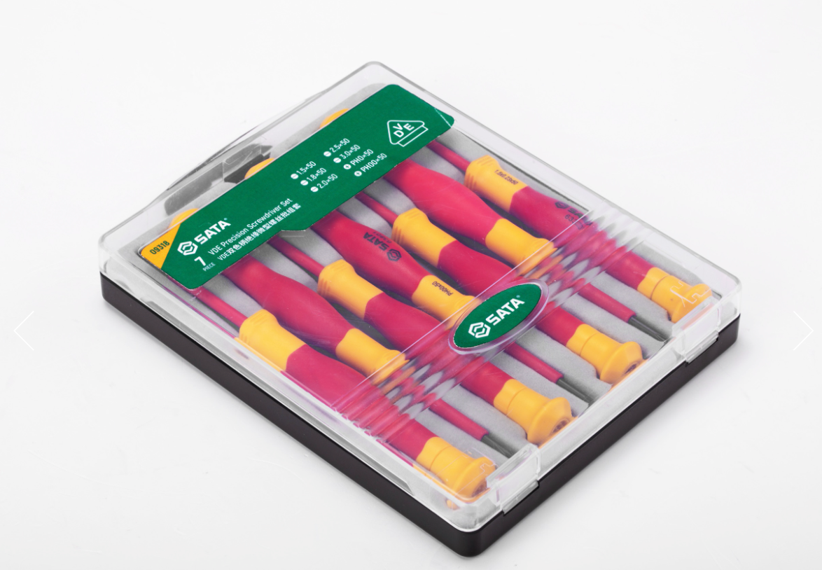 Shop the SATA 09318 7-Piece VDE Precision Screwdriver Set: 1000V rated, S2 steel shanks, slotted & Phillips tips. Tested to 10000V, IEC/EN 60900 certified.