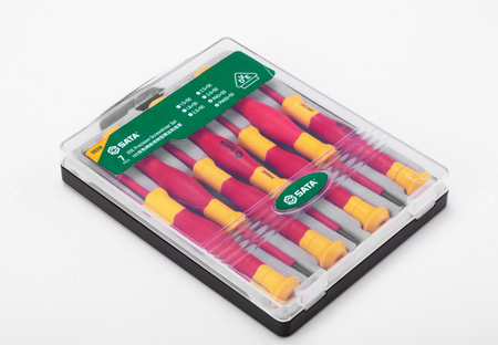 Shop the SATA 09318 7-Piece VDE Precision Screwdriver Set: 1000V rated, S2 steel shanks, slotted & Phillips tips. Tested to 10000V, IEC/EN 60900 certified.
