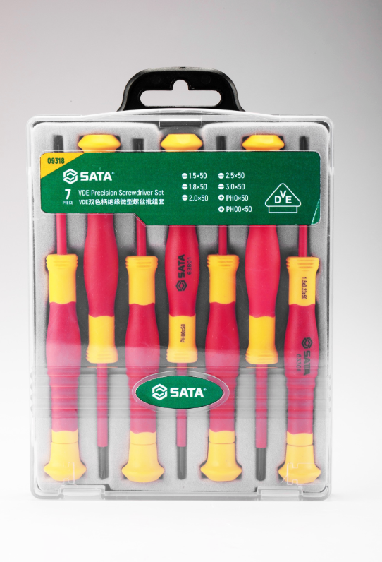 Shop the SATA 09318 7-Piece VDE Precision Screwdriver Set: 1000V rated, S2 steel shanks, slotted & Phillips tips. Tested to 10000V, IEC/EN 60900 certified.