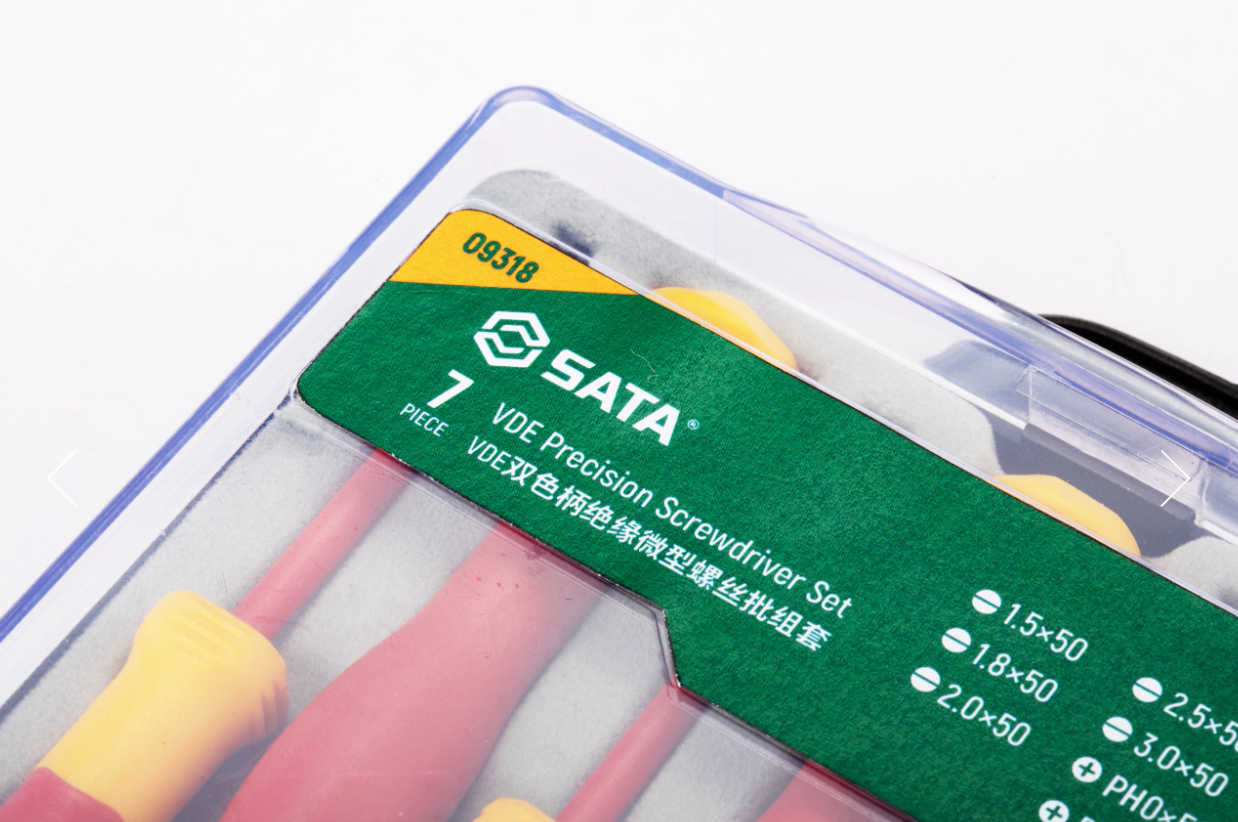Shop the SATA 09318 7-Piece VDE Precision Screwdriver Set: 1000V rated, S2 steel shanks, slotted & Phillips tips. Tested to 10000V, IEC/EN 60900 certified.