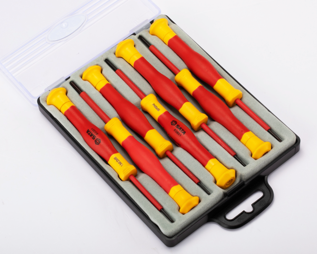 Shop the SATA 09318 7-Piece VDE Precision Screwdriver Set: 1000V rated, S2 steel shanks, slotted & Phillips tips. Tested to 10000V, IEC/EN 60900 certified.