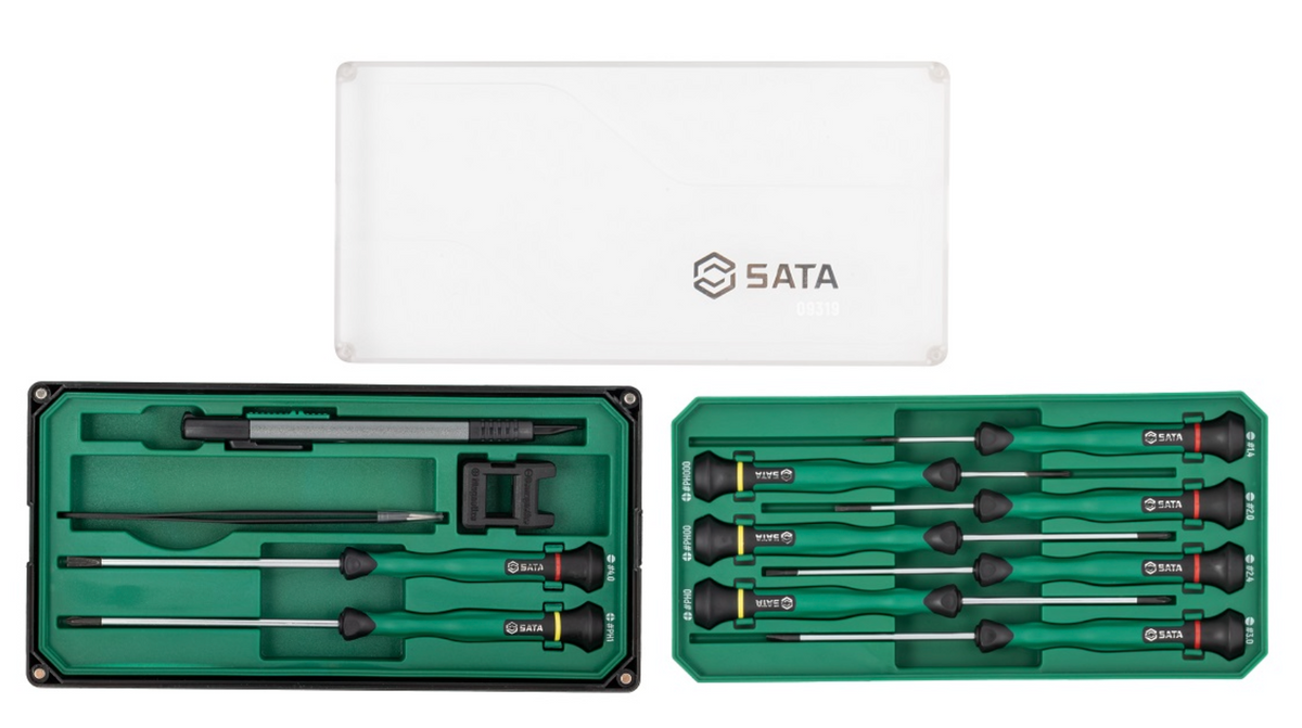 Shop the SATA 09319 12-Piece Electronic Tool Set: slotted & Phillips screwdrivers, S2 alloy steel, magnetic stackable tool box. Precision electronics repair.