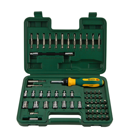 Shop the SATA 09324 60-Piece 1/4" Dr. Socket & Bit Set: sockets, slotted, Phillips, hex, Torx & tamper-proof bits, ratcheting driver, extension bar.