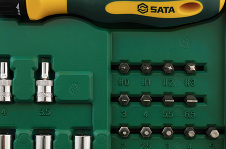 Shop the SATA 09324 60-Piece 1/4" Dr. Socket & Bit Set: sockets, slotted, Phillips, hex, Torx & tamper-proof bits, ratcheting driver, extension bar.