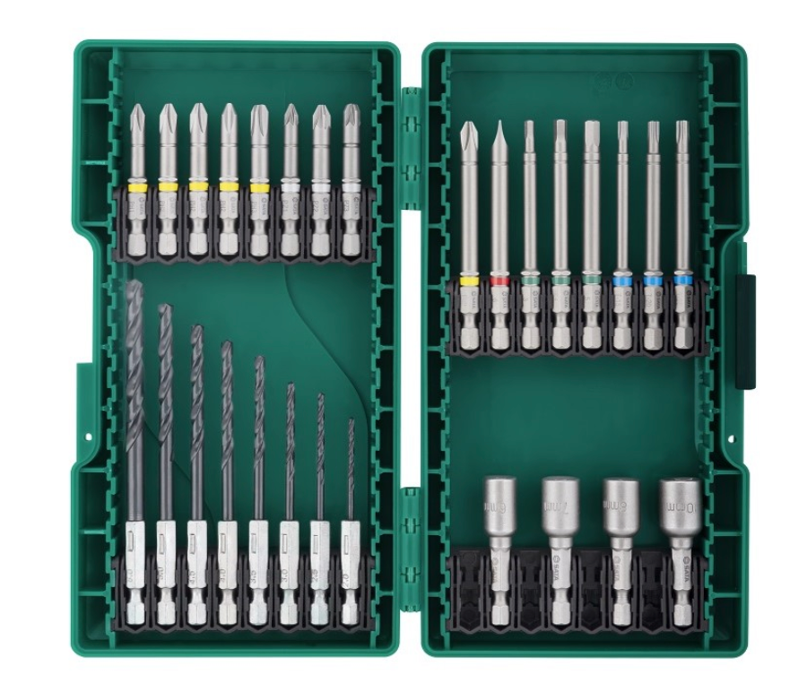 Shop the SATA 09336 28-Piece Power Tool Accessories Set: S2 alloy bits, HSS drill bits, magnetic nut drivers. Color-coded for quick identification.
