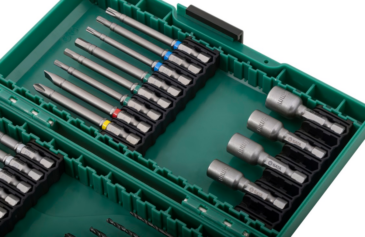 Shop the SATA 09336 28-Piece Power Tool Accessories Set: S2 alloy bits, HSS drill bits, magnetic nut drivers. Color-coded for quick identification.