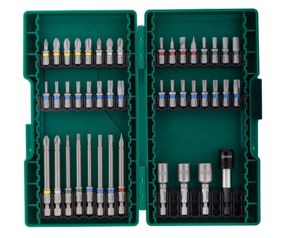 Shop the SATA 09337 44-Piece Power Tool Accessories Set: S2 alloy bits, magnetic nut drivers, quick-clamping extension rod. Color-coded bit sleeves.