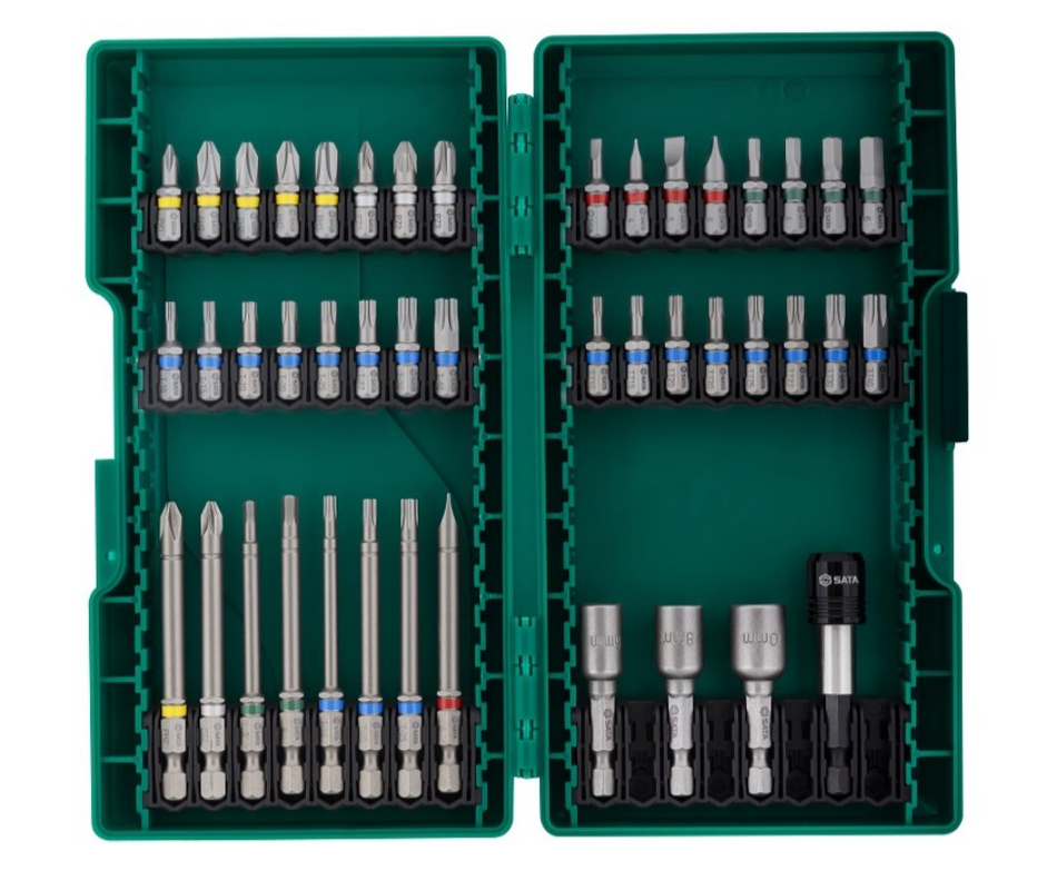 Shop the SATA 09337 44-Piece Power Tool Accessories Set: S2 alloy bits, magnetic nut drivers, quick-clamping extension rod. Color-coded bit sleeves.
