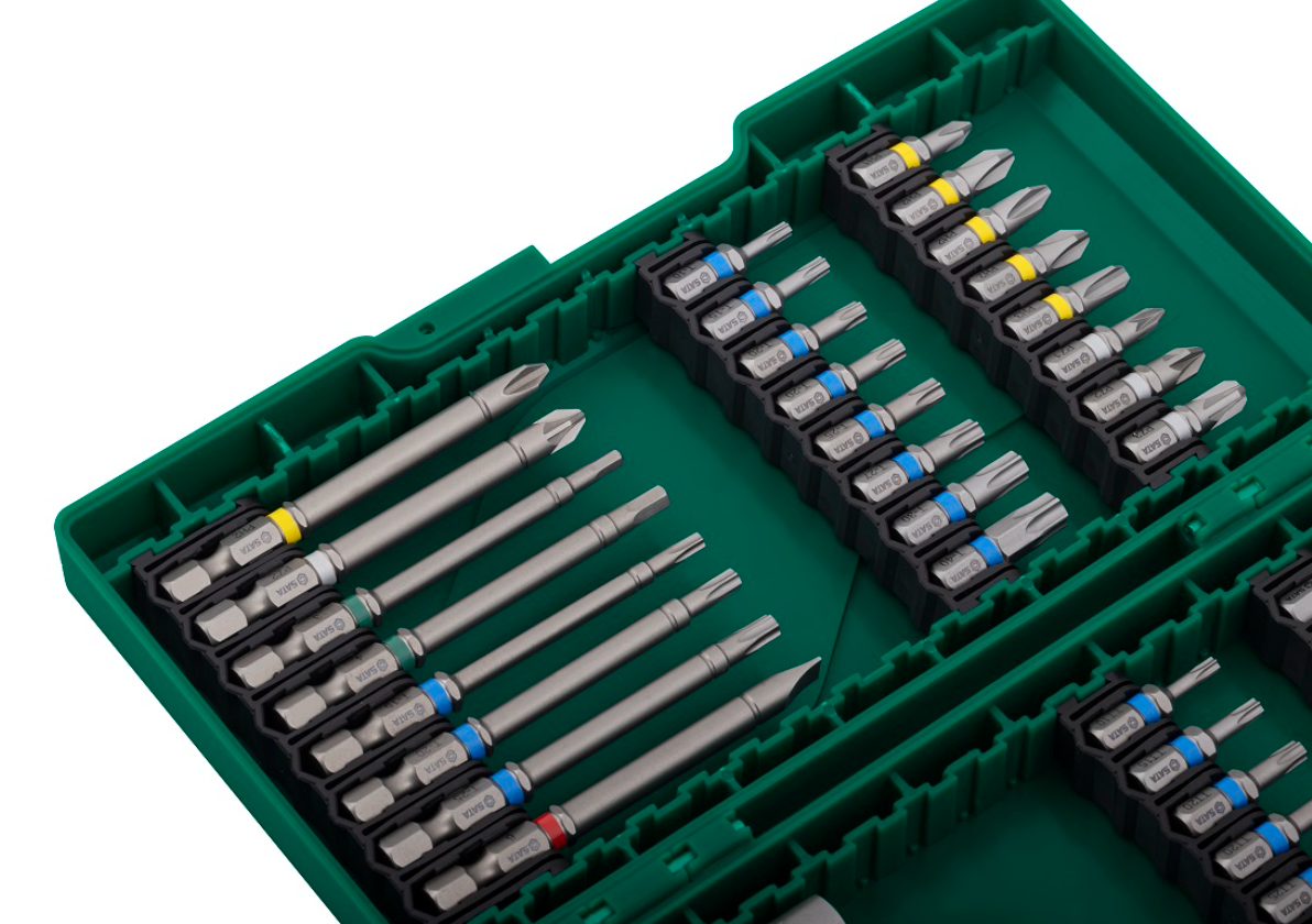 Shop the SATA 09337 44-Piece Power Tool Accessories Set: S2 alloy bits, magnetic nut drivers, quick-clamping extension rod. Color-coded bit sleeves.