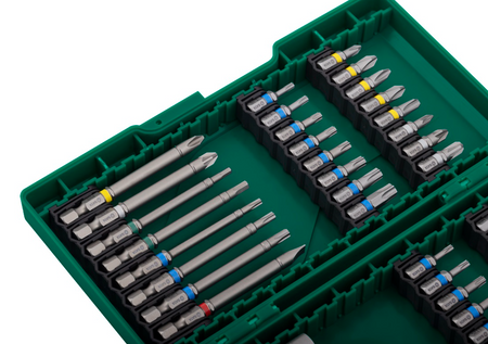 Shop the SATA 09337 44-Piece Power Tool Accessories Set: S2 alloy bits, magnetic nut drivers, quick-clamping extension rod. Color-coded bit sleeves.